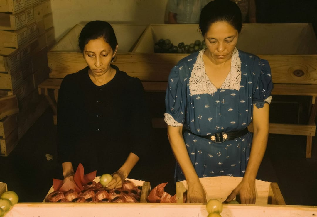 Two volunteers laughing while sorting produce at a food bank